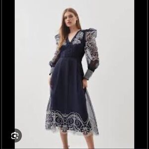 Cutwork Organdie | Navy and White Long Buttoned Sleeve Dress